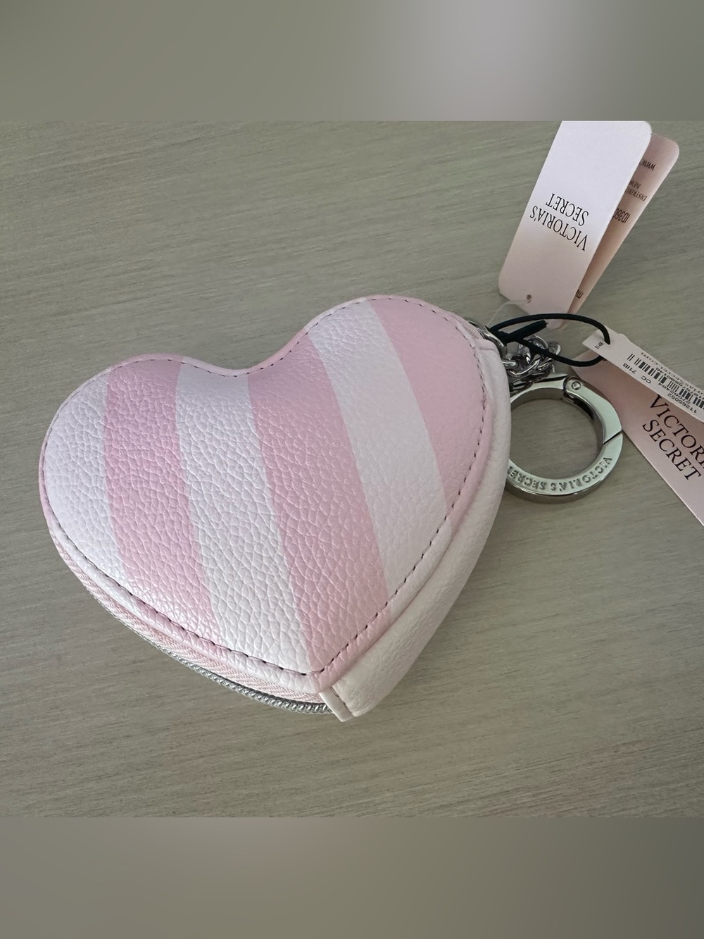 Victoria's Secret Pink & White Striped Heart Keychain Coin Purse